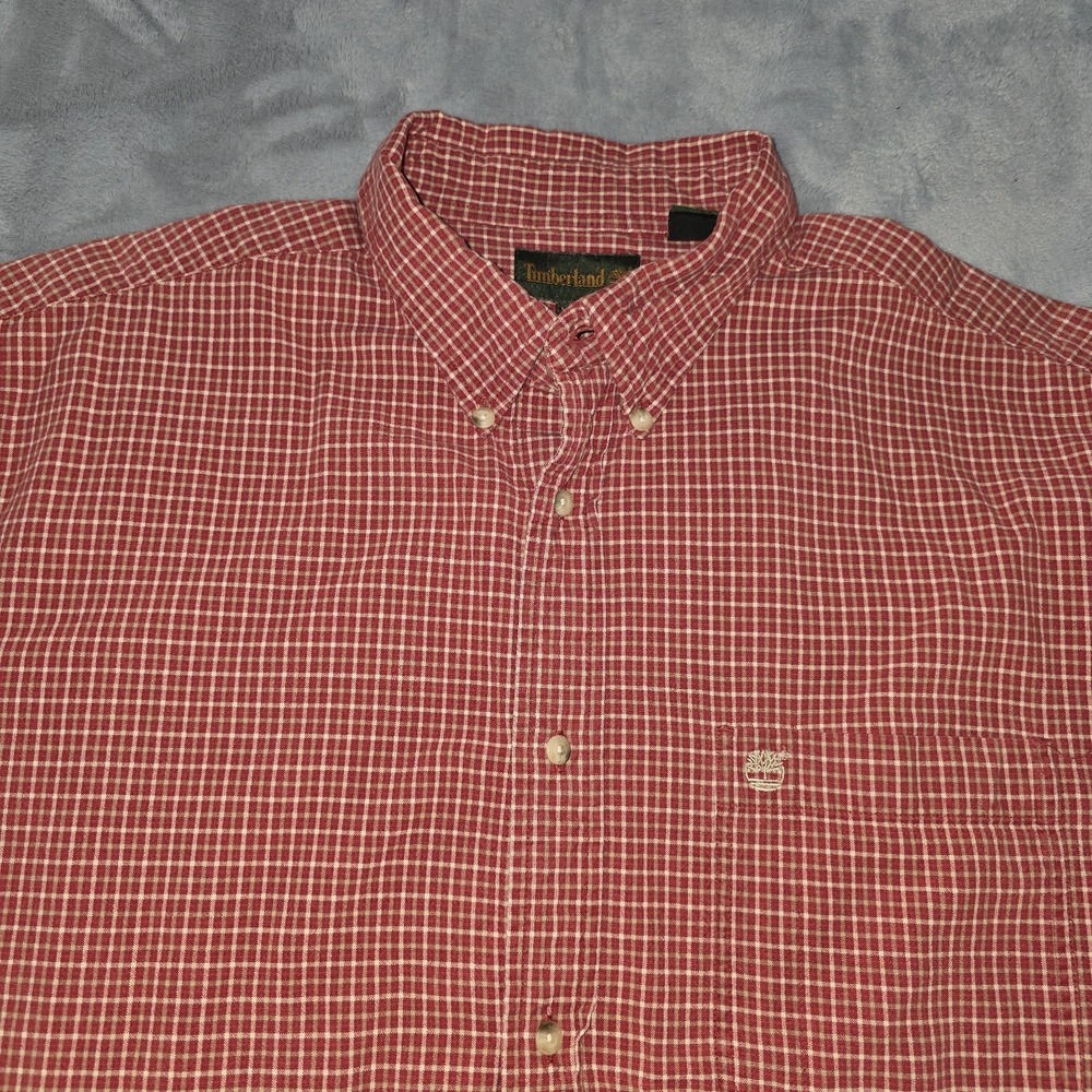 TIMBERLAND 2XL Mens Short Sleeve Button Up Rust Colored Red Check Plaid‎ Shirt